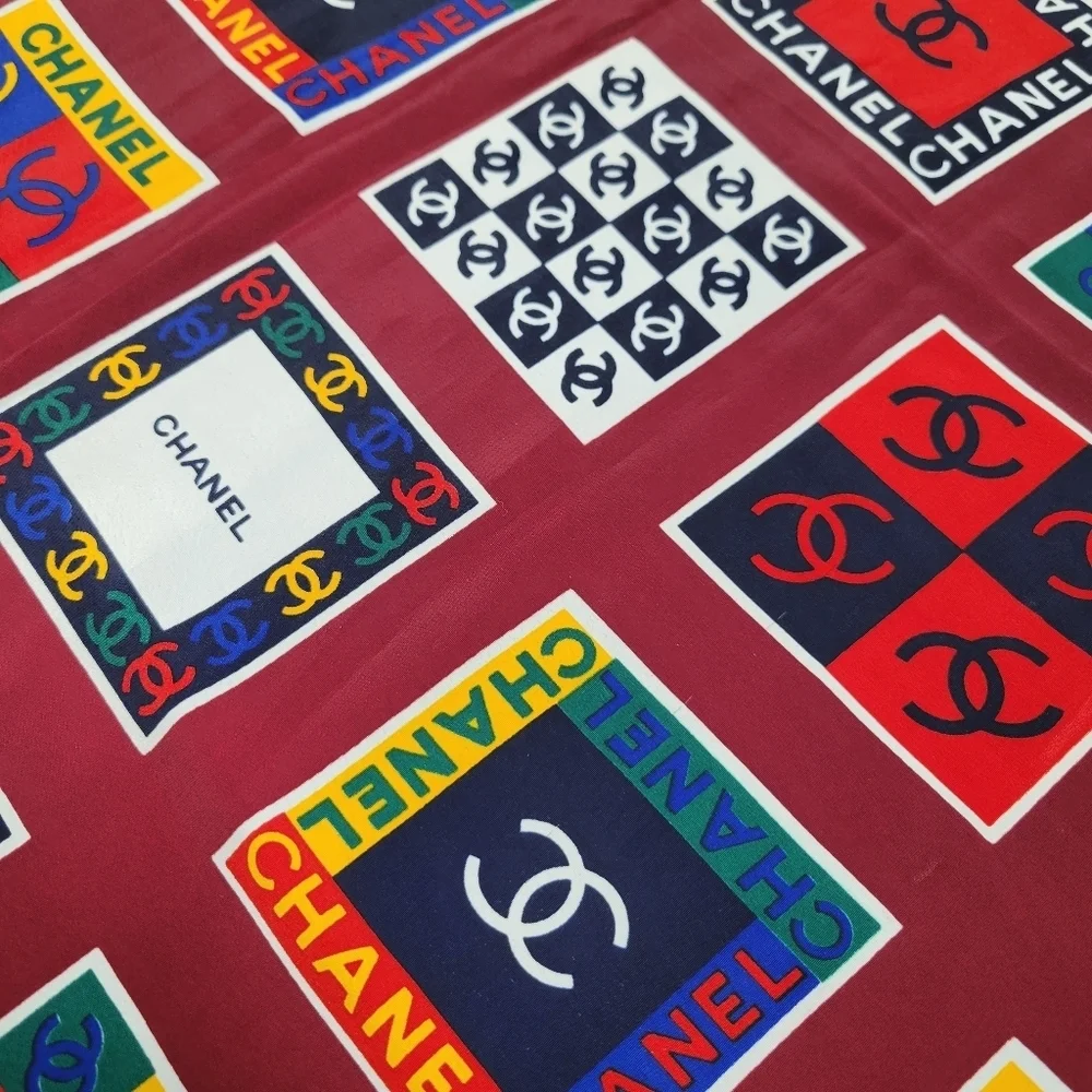 CHANEL Vibrant Geometric Logo Multicolor 100% Silk Scarf Burgundy 35x35